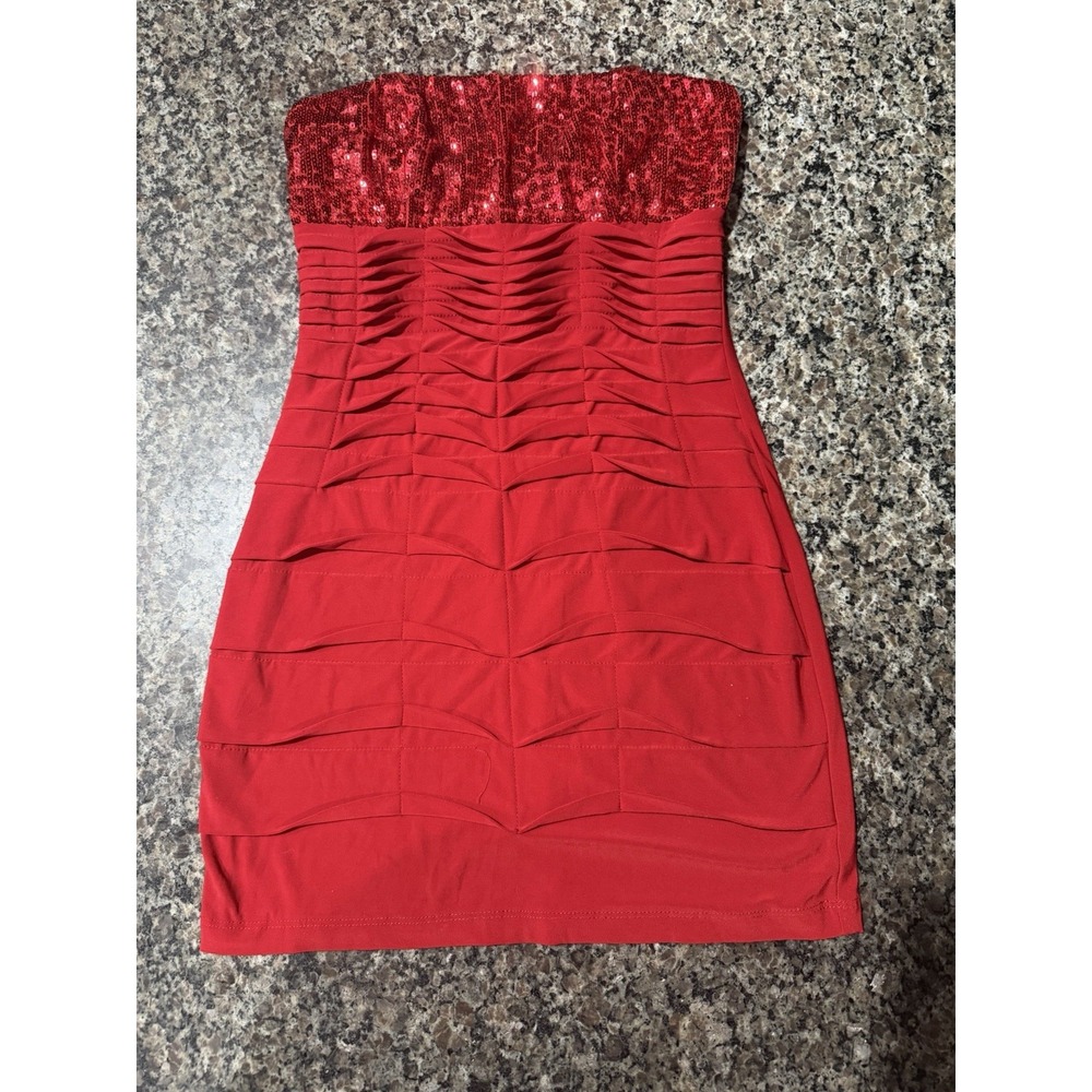 Deb Womens Red Strapless Sequin Mini‎ Dress Pleated Bodycon Party Clubwear Large